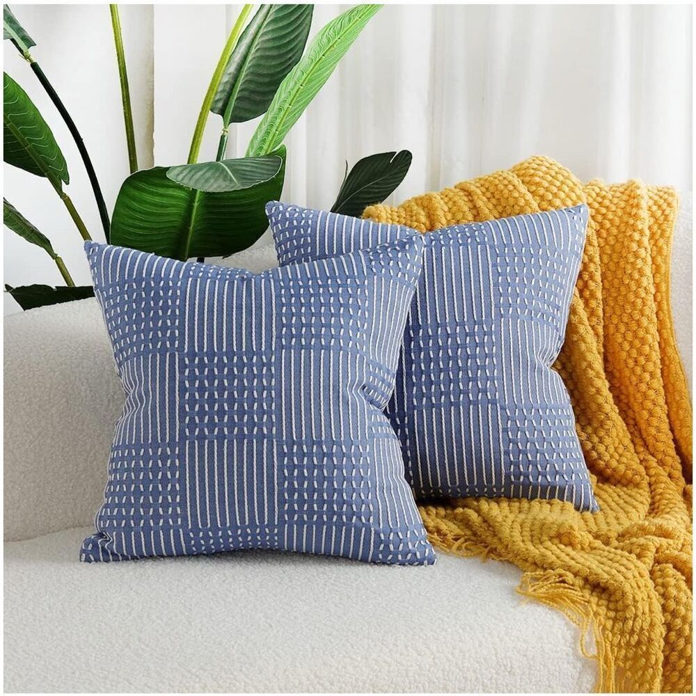 NEW 2 Chambray Blue Geometric Cotton Woven Throw Pillows Covers 18”